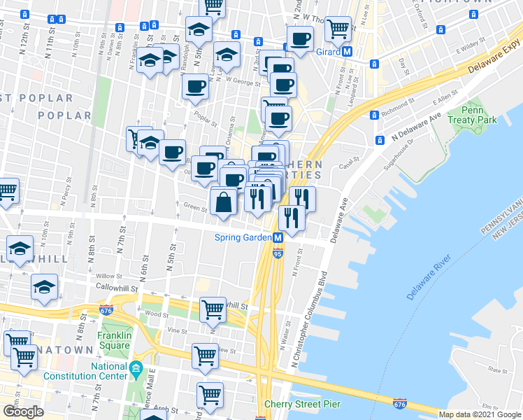 map of restaurants, bars, coffee shops, grocery stores, and more near 625 North 2nd Street in Philadelphia