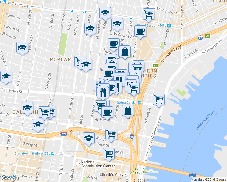 map of restaurants, bars, coffee shops, grocery stores, and more near 545 North Orianna Street in Philadelphia