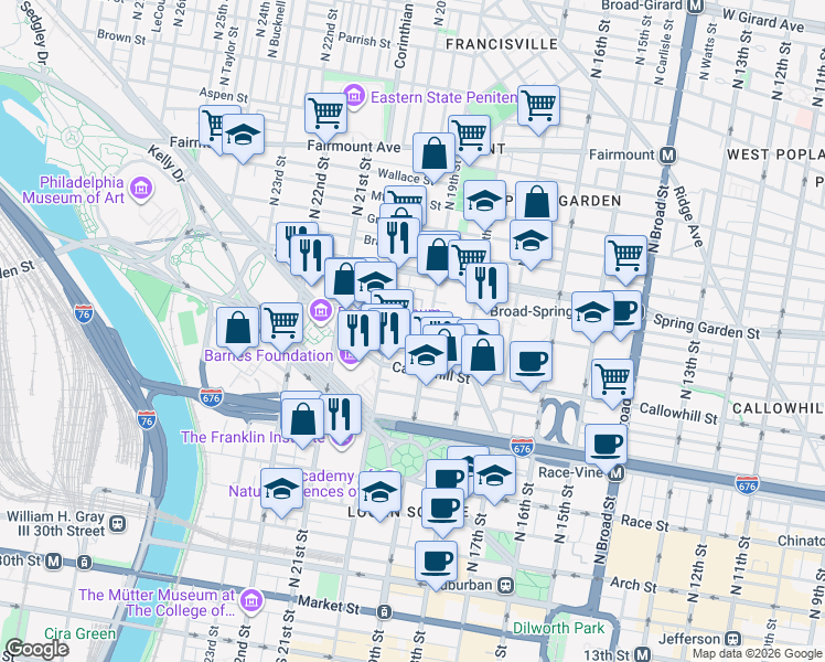 map of restaurants, bars, coffee shops, grocery stores, and more near 411 North 20th Street in Philadelphia