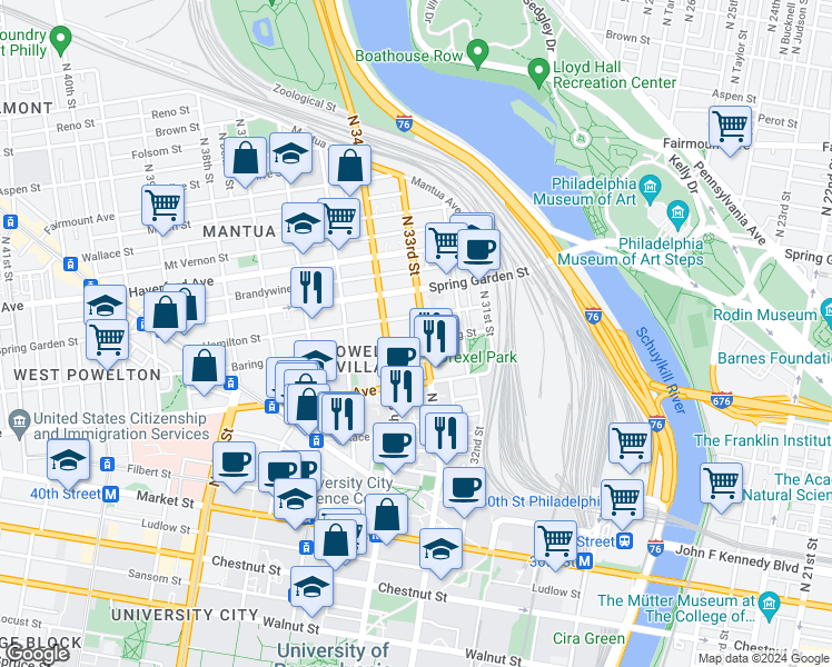 map of restaurants, bars, coffee shops, grocery stores, and more near 3308 Baring Street in Philadelphia