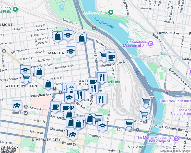 map of restaurants, bars, coffee shops, grocery stores, and more near 3308 Baring Street in Philadelphia