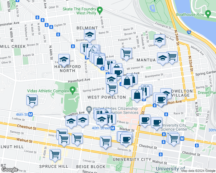map of restaurants, bars, coffee shops, grocery stores, and more near 428 North 40th Street in Philadelphia