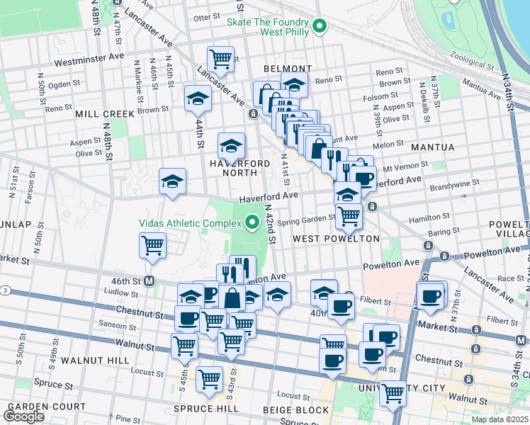 map of restaurants, bars, coffee shops, grocery stores, and more near 4129 Spring Garden Street in Philadelphia