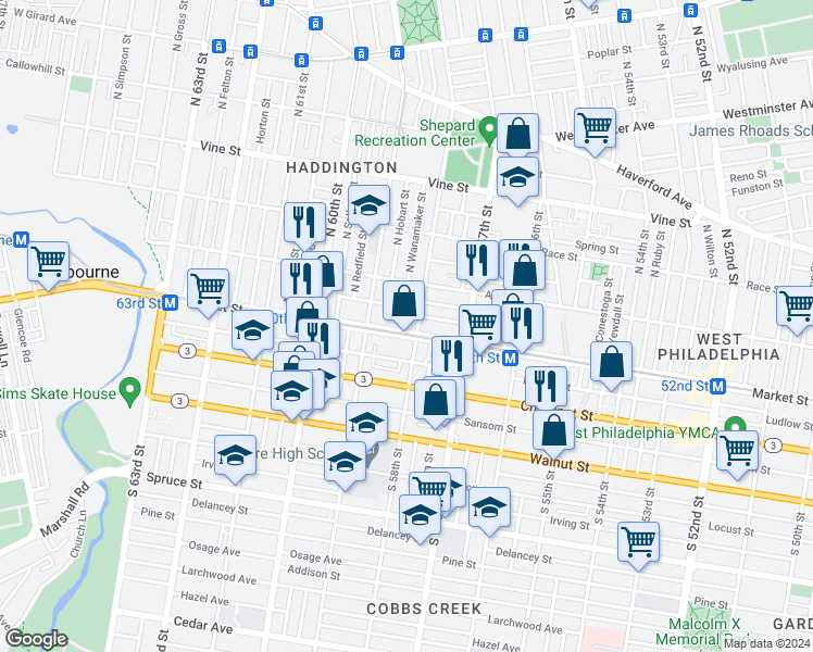 map of restaurants, bars, coffee shops, grocery stores, and more near in Philadelphia