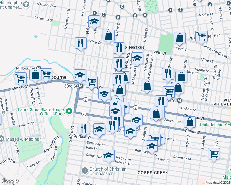 map of restaurants, bars, coffee shops, grocery stores, and more near 6011-25 Ludlow Street in Philadelphia