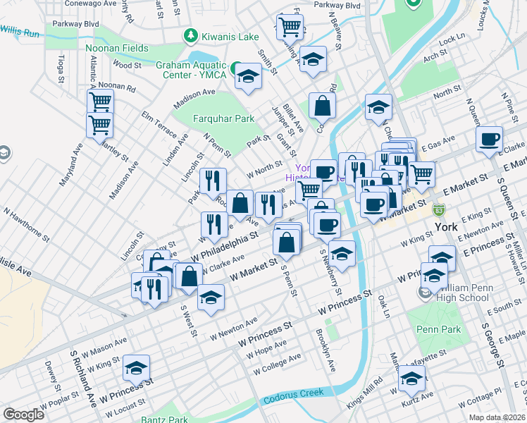 map of restaurants, bars, coffee shops, grocery stores, and more near 127 Roosevelt Avenue in York