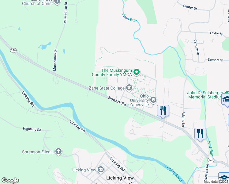 map of restaurants, bars, coffee shops, grocery stores, and more near 1695 Newark Road in Zanesville