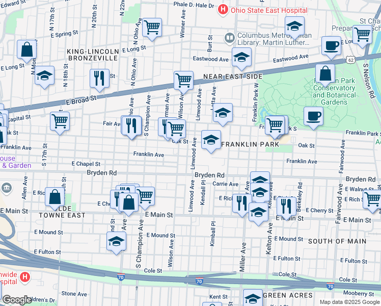 map of restaurants, bars, coffee shops, grocery stores, and more near 1301 Franklin Avenue in Columbus