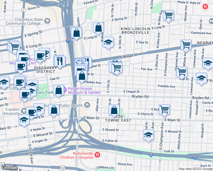 map of restaurants, bars, coffee shops, grocery stores, and more near 142 South Monroe Avenue in Columbus