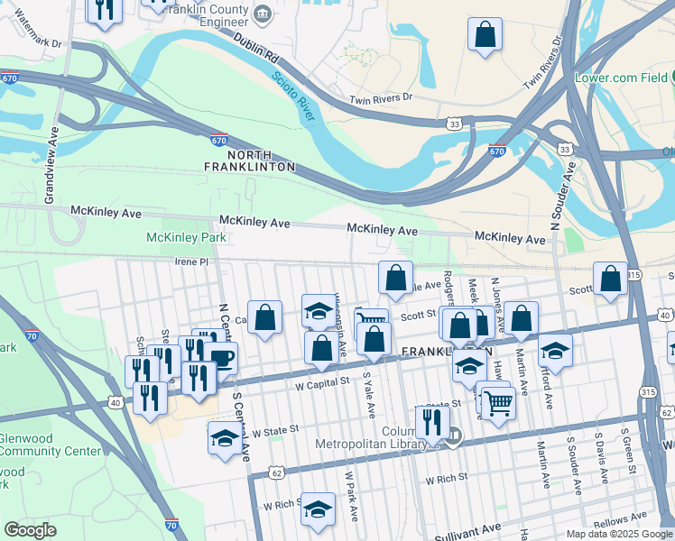 map of restaurants, bars, coffee shops, grocery stores, and more near 157 Wisconsin Avenue in Columbus