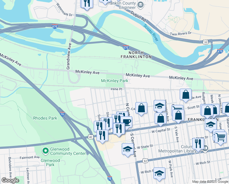map of restaurants, bars, coffee shops, grocery stores, and more near 1450 Merrimac Avenue in Columbus