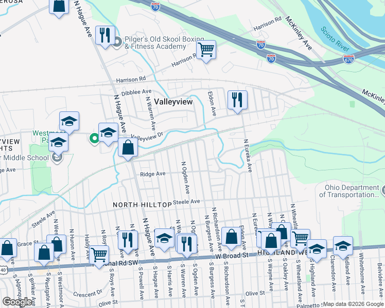 map of restaurants, bars, coffee shops, grocery stores, and more near 308 North Ogden Avenue in Columbus