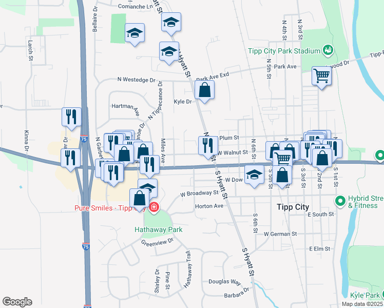 map of restaurants, bars, coffee shops, grocery stores, and more near 536 West Walnut Street in Tipp City
