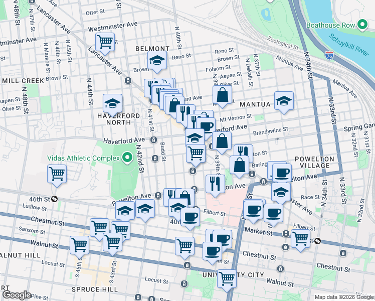 map of restaurants, bars, coffee shops, grocery stores, and more near 4007 Spring Garden Street in Philadelphia