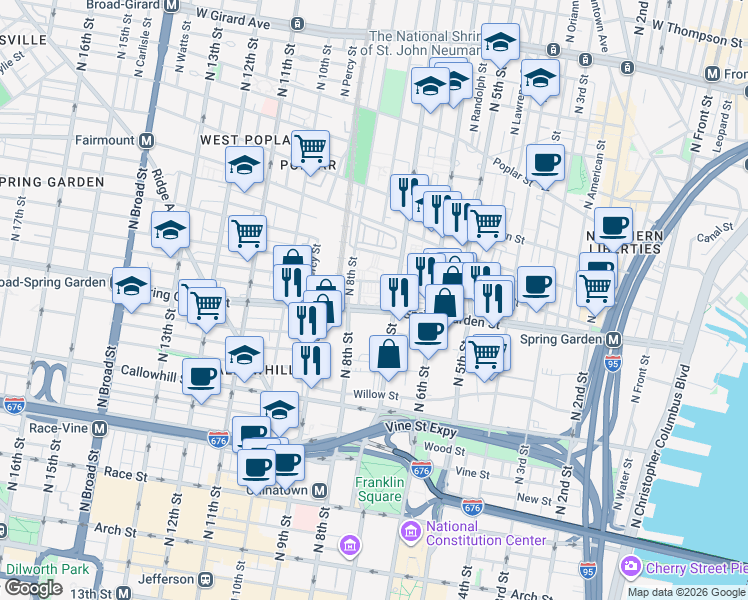 map of restaurants, bars, coffee shops, grocery stores, and more near 711 Spring Garden Street in Philadelphia