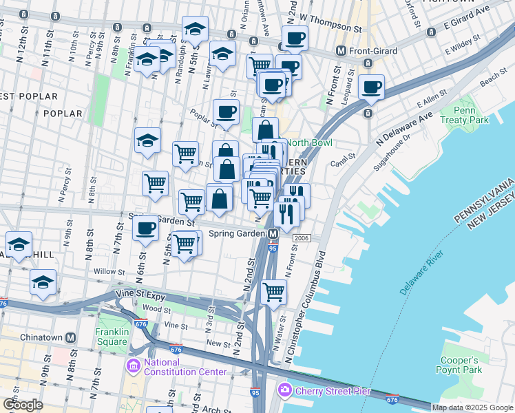 map of restaurants, bars, coffee shops, grocery stores, and more near 625 North 2nd Street in Philadelphia