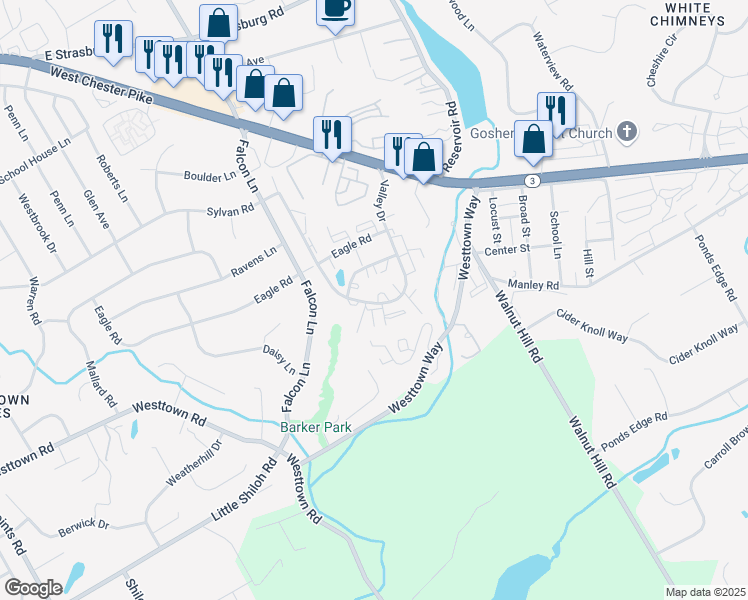 map of restaurants, bars, coffee shops, grocery stores, and more near 1714 Valley Drive in West Chester