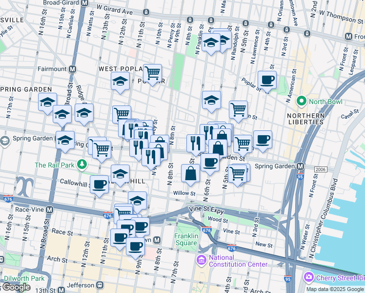 map of restaurants, bars, coffee shops, grocery stores, and more near 711 Spring Garden Street in Philadelphia