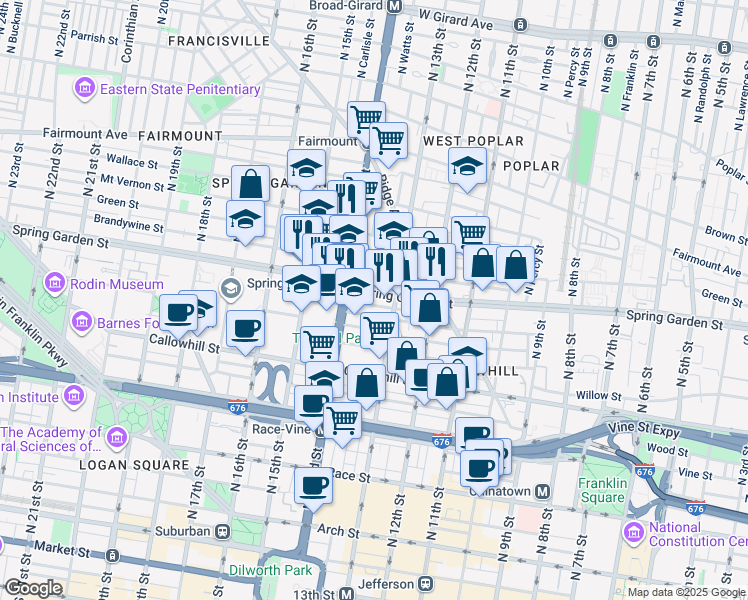 map of restaurants, bars, coffee shops, grocery stores, and more near 1314 Spring Garden Street in Philadelphia