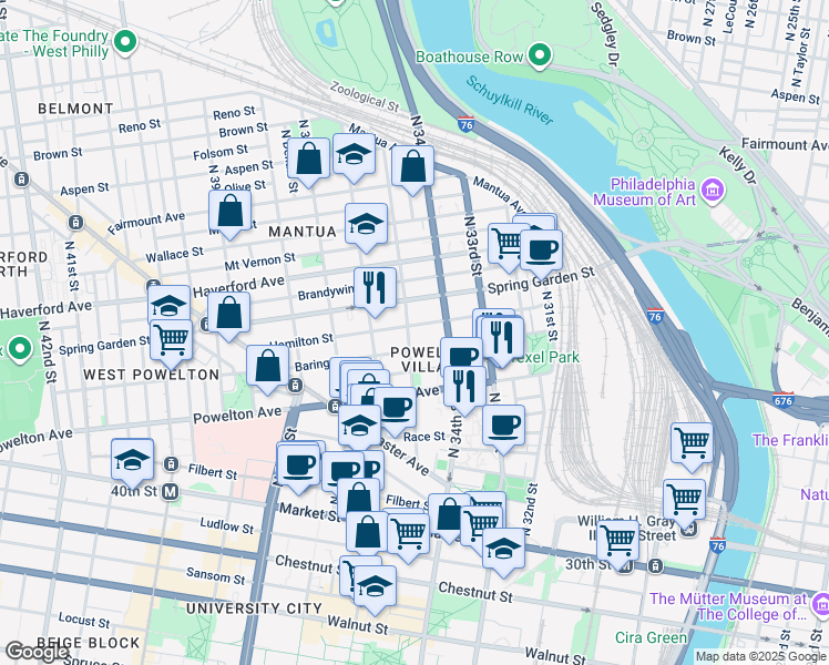 map of restaurants, bars, coffee shops, grocery stores, and more near 3420 Hamilton Street in Philadelphia