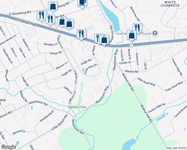map of restaurants, bars, coffee shops, grocery stores, and more near 1616 Valley Drive in West Chester