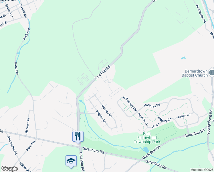 map of restaurants, bars, coffee shops, grocery stores, and more near 5 Denbigh Lane in Coatesville