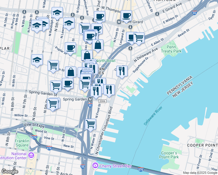 map of restaurants, bars, coffee shops, grocery stores, and more near 700 North Delaware Avenue in Philadelphia