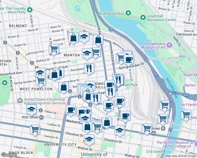 map of restaurants, bars, coffee shops, grocery stores, and more near 3420 Hamilton Street in Philadelphia