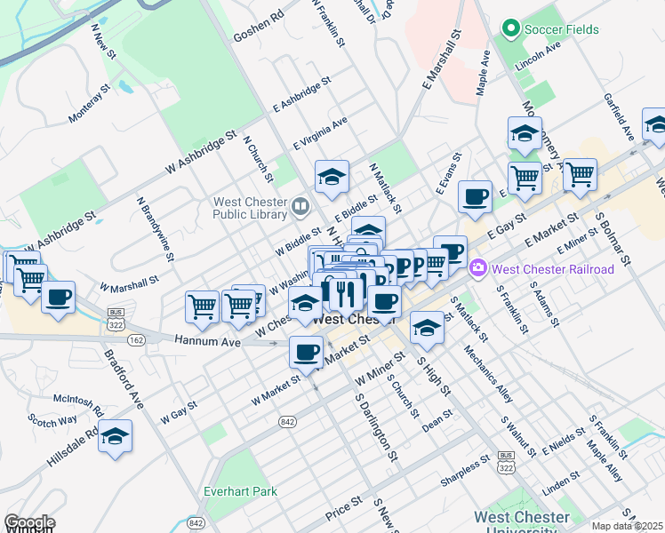 map of restaurants, bars, coffee shops, grocery stores, and more near 223 North Church Street in West Chester
