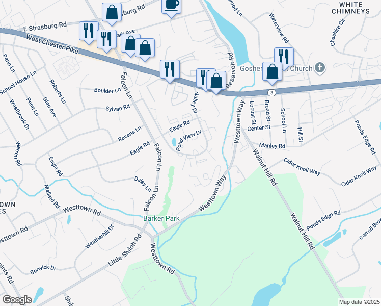 map of restaurants, bars, coffee shops, grocery stores, and more near 1706 Valley Drive in West Chester