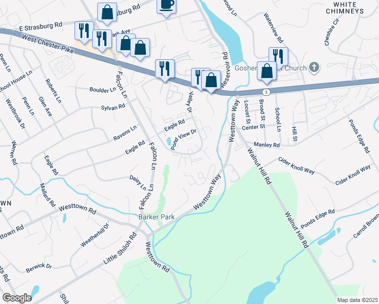 map of restaurants, bars, coffee shops, grocery stores, and more near 1616 Valley Drive in West Chester