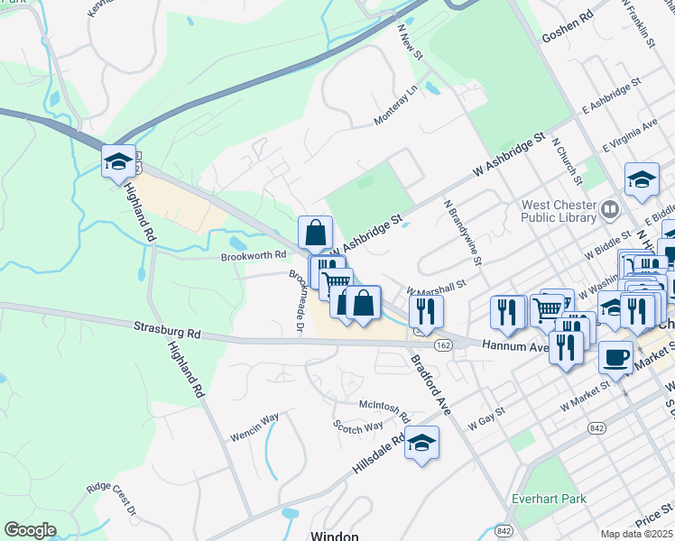 map of restaurants, bars, coffee shops, grocery stores, and more near 665 Downingtown Pike in West Chester