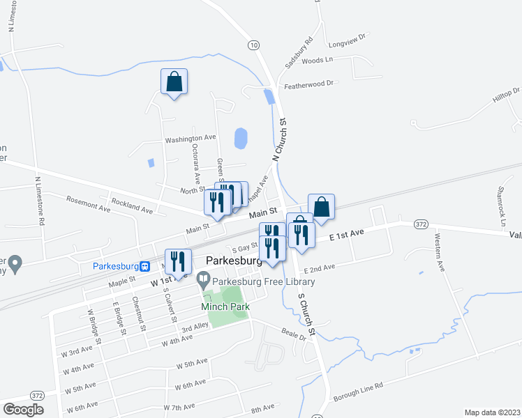 map of restaurants, bars, coffee shops, grocery stores, and more near 129 Main Street in Parkesburg