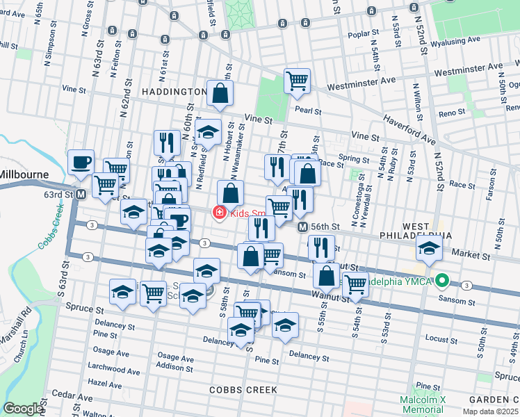 map of restaurants, bars, coffee shops, grocery stores, and more near 5722 Commerce Street in Philadelphia