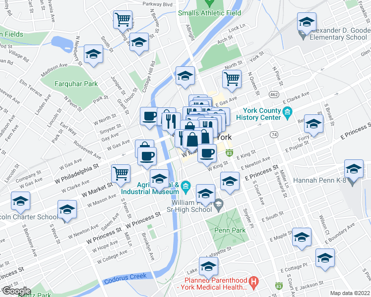 map of restaurants, bars, coffee shops, grocery stores, and more near 137 West Market Street in York