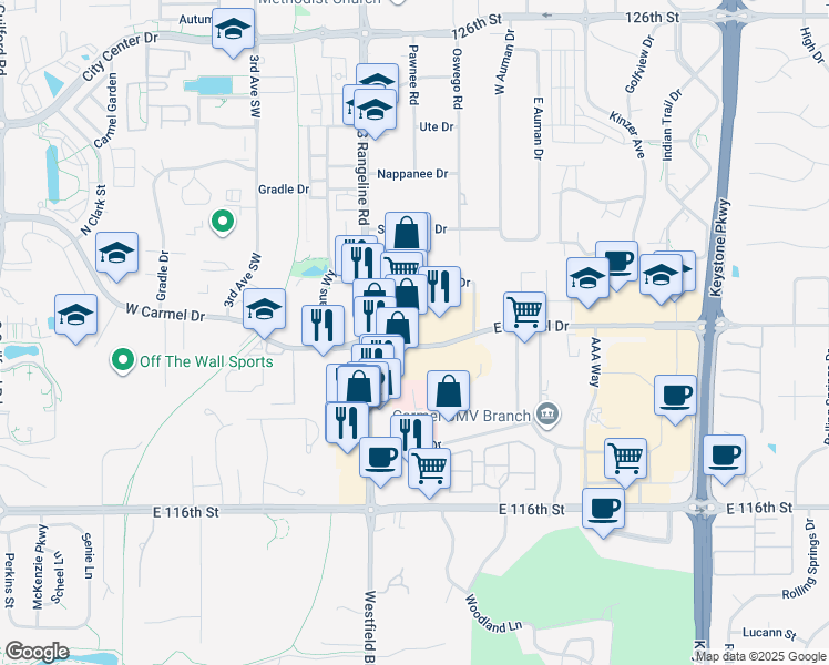 map of restaurants, bars, coffee shops, grocery stores, and more near 120 East Carmel Drive in Carmel