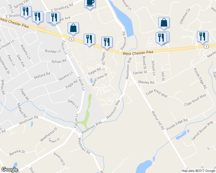 map of restaurants, bars, coffee shops, grocery stores, and more near 1316 Valley Drive in West Chester