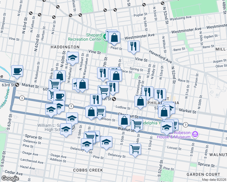 map of restaurants, bars, coffee shops, grocery stores, and more near in Philadelphia