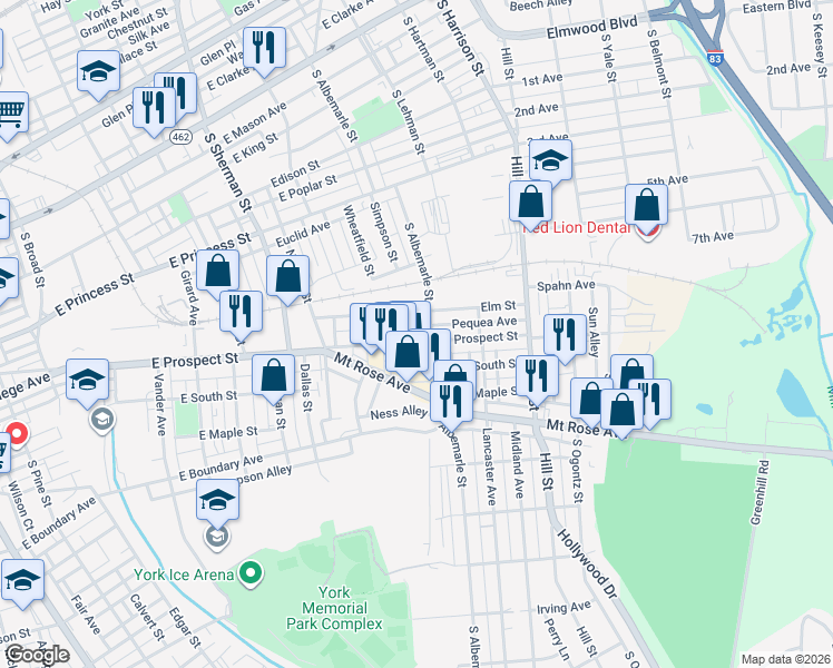 map of restaurants, bars, coffee shops, grocery stores, and more near 1027 East Prospect Street in York