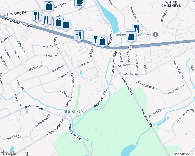 map of restaurants, bars, coffee shops, grocery stores, and more near 1510 Valley Drive in West Chester