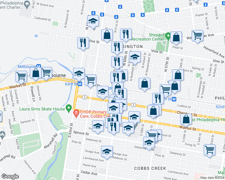 map of restaurants, bars, coffee shops, grocery stores, and more near 6032 Market Street in Philadelphia