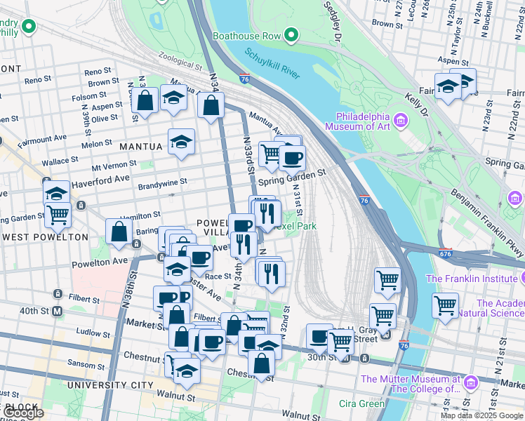 map of restaurants, bars, coffee shops, grocery stores, and more near 403 North 33rd Street in Philadelphia