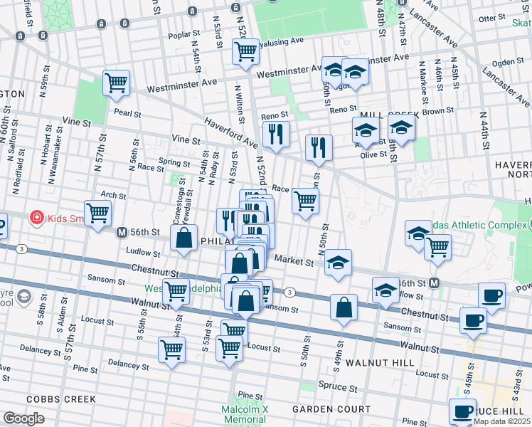 map of restaurants, bars, coffee shops, grocery stores, and more near 109 North 52nd Street in Philadelphia