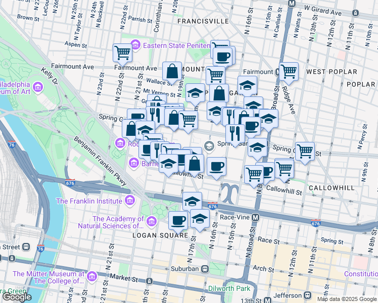 map of restaurants, bars, coffee shops, grocery stores, and more near 492 North 18th Street in Philadelphia