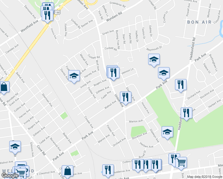 map of restaurants, bars, coffee shops, grocery stores, and more near 3117 Union Avenue in Pennsauken Township