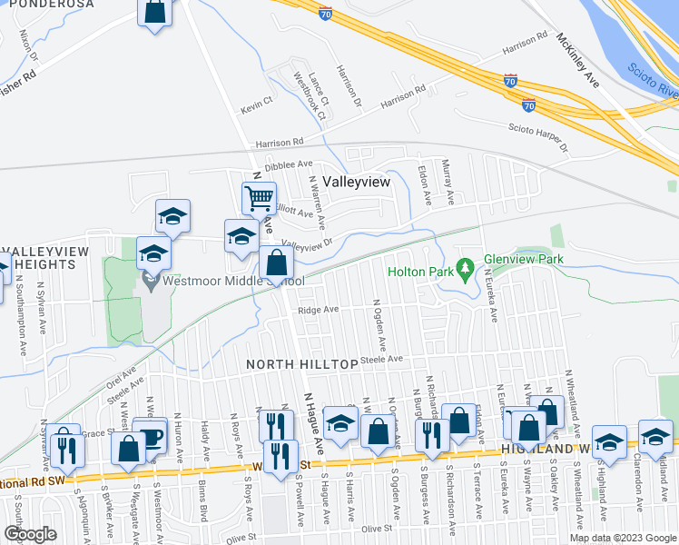 map of restaurants, bars, coffee shops, grocery stores, and more near 329 North Warren Avenue in Columbus