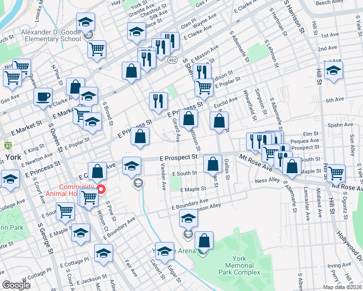 map of restaurants, bars, coffee shops, grocery stores, and more near 725 Pennsylvania 124 in York