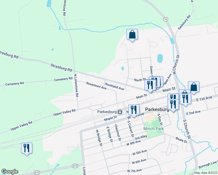 map of restaurants, bars, coffee shops, grocery stores, and more near 505 Rosemont Avenue in Parkesburg
