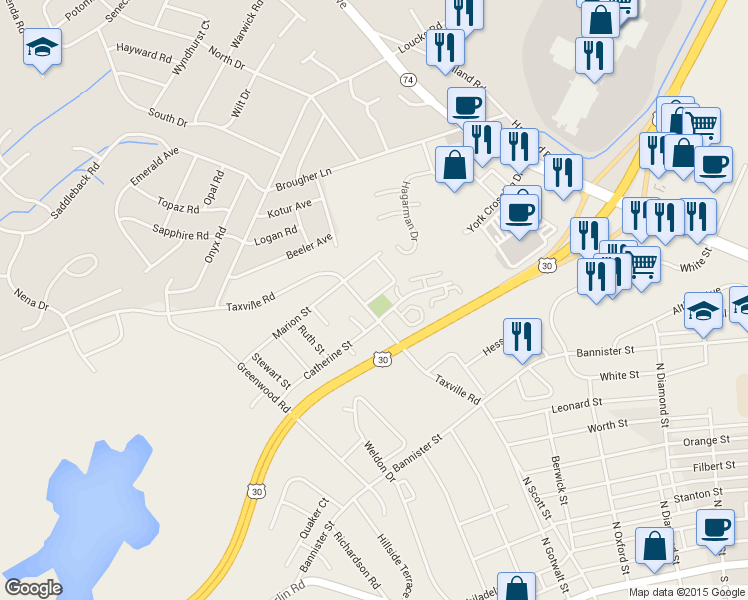 map of restaurants, bars, coffee shops, grocery stores, and more near 1165 Taxville Road in York