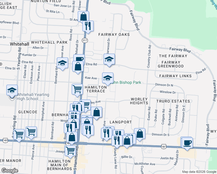 map of restaurants, bars, coffee shops, grocery stores, and more near 4735 Kae Avenue in Columbus